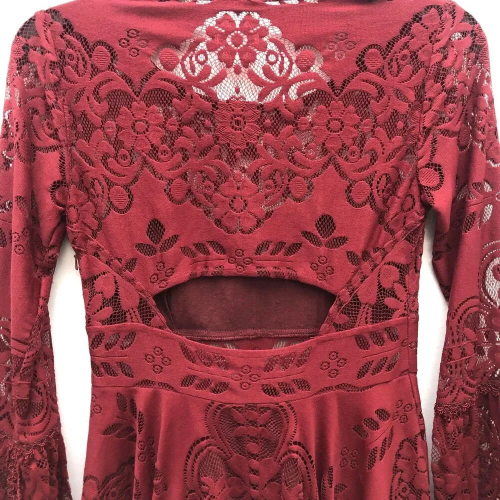 Free People Dress Womens XS Lace Bell Sleeve‎ Boho Cutout Fit Flare Party - Picture 9 of 14